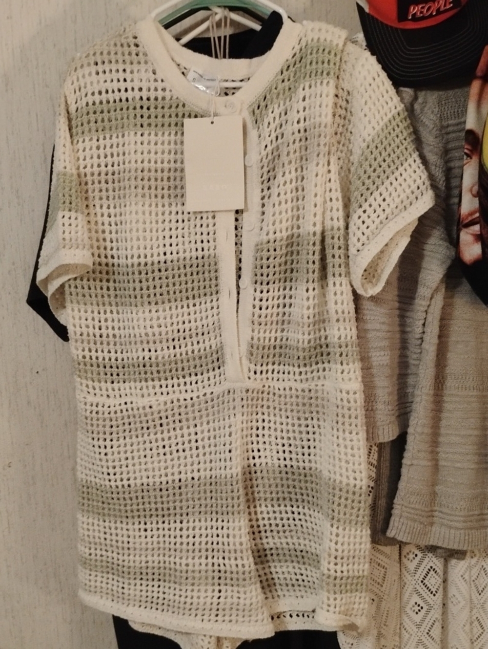 Nwt Open-Knit Short Sleeve And Shorts Romper in Ivory and Sage